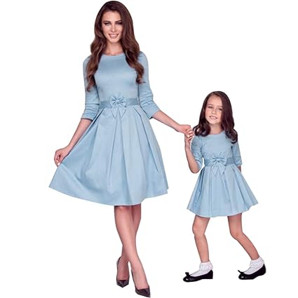 JEELINBORE Mutter und Tochter Casual Skater Kleider Einfarbig Elegant 1/2-Arm Cocktail Ballkleid Partykleid Familie Kleidung