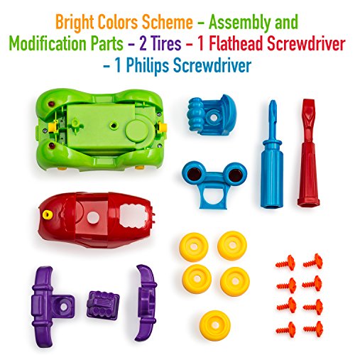 Build your Own and Take Apart Racing Motorcycle & Car Combo Set, Kids Toys Multi Pack, With Sounds & Lights - Includes Mini Philips and Flathead Screws and Screwdriver by Toydaloo