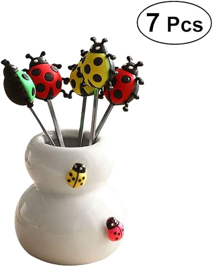 Bestonzon 7 Pcs Pack Fruits Fourche En Acier Inoxydable Animal Fruit Fourchette De Bande Dessinee Enfants Snack Gateau Dessert Nourriture Fruits Pick Home Party Decor Avec Ceramique Titulaire Coccinelle Vaisselle Et Arts De
