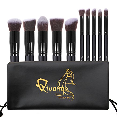 UPC 709112661528, Qivange Brush Set, Kabuki Makeup Brushes Cosmetic Foundation Blush Blending Powder Eyeshadow Brushes with Pouch, Black (10pcs)