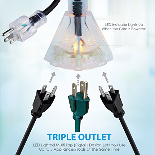 50 FT 16/3 Outdoor Extension Cord - Rubber, Flexible, Triple Outlet, Black Wire with Live Power Light Indicator. 13 Amp - Thumbnail 4