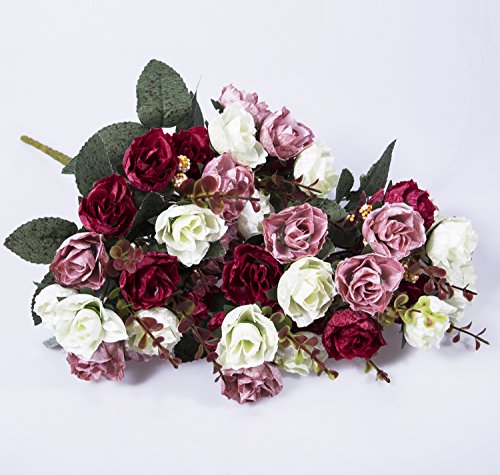 Hibery 7 Branch 21 Heads Artificial Fake Flowers Silk Rose Bouquet Wedding Home Office Floral Decor, Pack of 2 (White Pink) - Thumbnail 2