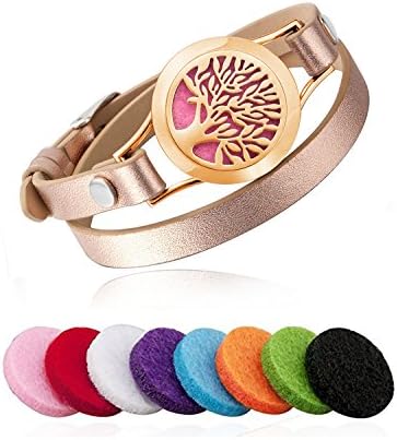 Essential Oil Diffuser Bracelet Aromatherapy Tree Stainless Steel Rose Gold Adjustable Leather Band with 8 Color Pads for Décor Gift Girls Women
