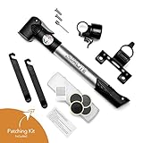 SAMLITE - Best handheld Mini Bike Pump with Glue-less Puncture Repair Kit, Fits Presta and Schrader Valve, Includes Mount Kit, High Pressure 120 PSI, 8 bar, FREE Bike Bell and Sports Needle Included