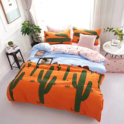 Sandyshow Orange Cactus 2Piece Bedding Sets Green Plants Floral Duvet Cover Sets Twin Size Reversible Color Design