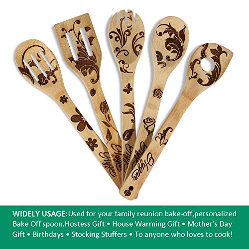 Carving Flower Spoons - Organic Wooden Bamboo Cooking & Serving Utensils - Kitchen Utensils Set Cooking Tool Set - Cooking Spatula And Spoons 5 Piece Set Wooden Spoons House Warming Presents
