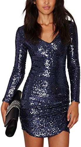 HAOYIHUI Women's V Neck Sparkly Sequin Long Sleeve Bodycon Party Dress(XXL,Navy Blue)