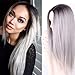 AISI HAIR Synthetic Long Straight Grey Ombre Wigs Middle Part Wig Dark Brown Roots Silver Grey Wig Ombre Heat Resistant Fiber Two Tone Full Wigs for Women