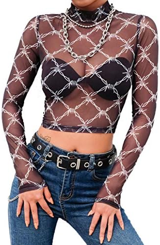 Women's Sheer See Through Crop Top Long Sleeve Angel Print High Neck Sexy Mesh Shirt Blouse