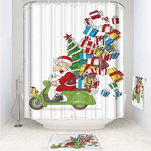 iPrint Polyester Fabric Bathroom Shower Curtain Set with Hooks,Scooter with Tree and Gifts Funny Cartoon for Kids,3pcs Set with Shower Curtain Bath Towel Non-Slip mat for Home Decor Bathroom