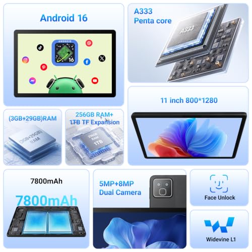 TT.KIDS 11 Pouces Tablette Android 16, 32Go RAM 256Go ROM (1To TF Extensible), 7800 mAh, écran HD 1280 * 800, Widevine L1, WiFi 6 et BT5.4, Doubles Caméra Android Tablettes Pad, Noir