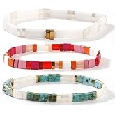 Ustome Tila Flat Square Boho 3Pcs Stack Beaded Bracelets Set for Women Men, Romantic Handmade Colorful Stretch Accessories Purple Jewelry, Daily Party Holiday Friendship Gift