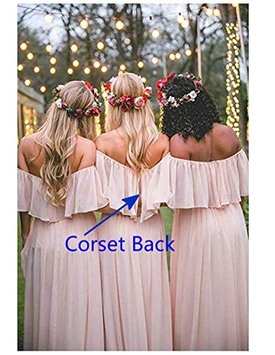 peach off the shoulder bridesmaid dresses