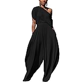 WOKANSE Womens 2 Piece Outfits Solid Short Sleeve Off One Shoulder Pullover Top and Loose Harem Pants Set Tracksuits