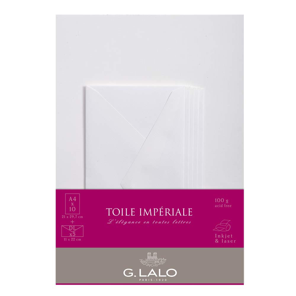 Lalo 63500L - Toile Imperial Correspondence set including 10 A4 100g sheets and 5 gummed envelopes DL 11x22 cm, Imperial Canvas, White, Straight Edged