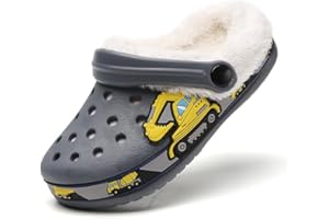SECHRITE Kids Fur Lined Clogs Garden Shoes for Boys Girls Toddler Cartoon Sandals with Removable Fleece Lined Winter Warm Indoor Outdoor Home Slippers Non-Slip Sole