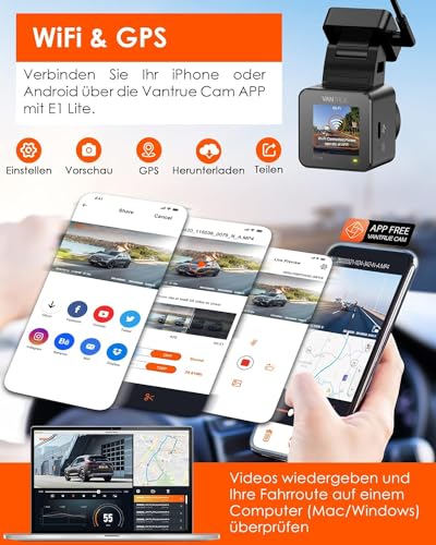 VANTRUE E1 Lite 1080P Mini WiFi GPS Dash Cam, APP Control and English Voice Command, Front with HDR, 1.54 Inch IPS 30fps, Hidden Night, 160° Night, 24 Hour Parking, G-Sensor, Loop, Max 512GB