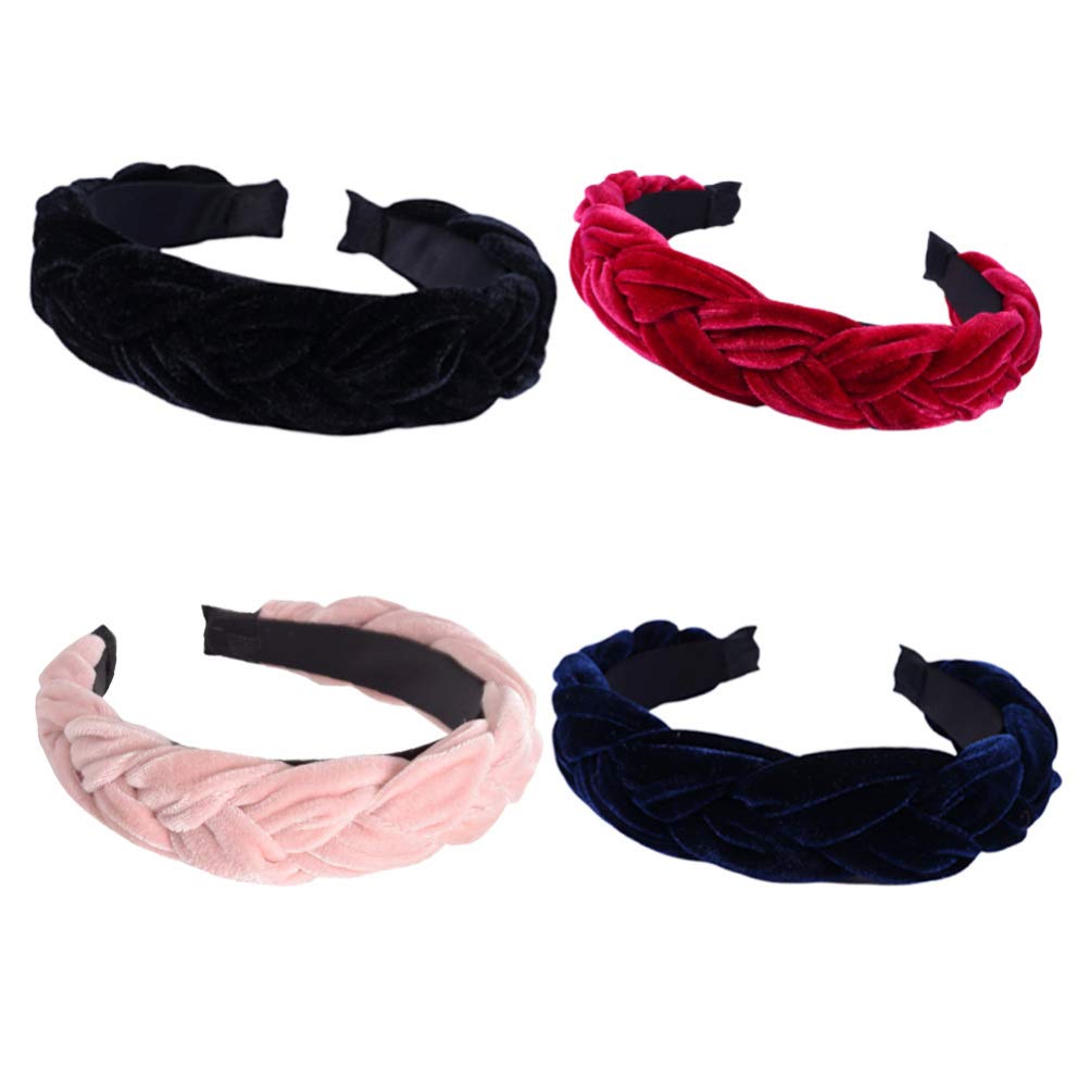Minkissy 4pcs Padded Headbands Thick Velvet 90s Hairbands Vintage Wide Hair Hoops Alice Braided Headbands for Women Girls