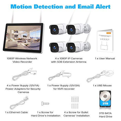 TOGUARD Wireless Security Camera System with 12" LCD Monitor 3TB Hard