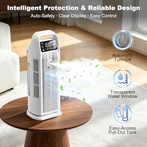Portable Air Cooler, 4 in 1 Air Conditioner 1200ML Evaporative Air Cooler with Remote Control, 120° Oscillating 4 Speeds 12H Timer Mist Spray Tower Fan for Home Office（White）