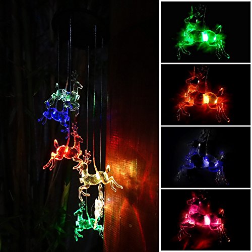 Amazing Wind Chime,Color Changing Deer Solar Wind Mobile Chimes Lights Hanging Wind Bell Light Night Hanging lamp for Patio Garden Lighting Home Decoration with Spinning Hook