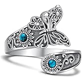 Jewlikee Spoon Turquoise Rings for Women Butterfly Ring Sterling Silver Turquoise Jewelry Butterfly Gifts Open Adjustable Vintage Boho Sunflower Thumb Oxidized