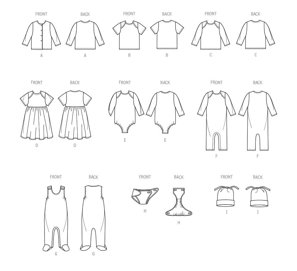 Butterick Infants' Jacket, Tops, Dress, Rompers, Diaper Cover and Hat Sewing Pattern Kit, Design Code B6970, Sizes XXS-XS-S-M-L, Multicolor