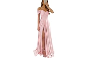 Wirunsy Women's Off The Shoulder Bridesmaid Dresses with Slit Satin Formal Gowns Long Prom Evening Party Dress with Pockets