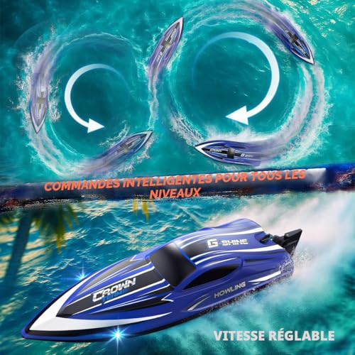 35km/h Waterproof 2.4GHz RC Boat with LED and Flip Function, Water Cooled, Dual Battery, Range and Battery Alarm, Ideal for Kids and Adults, Swimming Pool and Lake