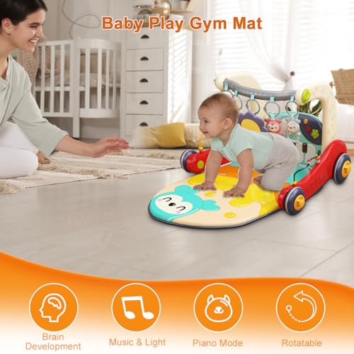 Baby Play Gym Mat, Kick & Play Piano Activity Center for 0-12 Months | Thick soft non-slip Fabric, 80x50x48cm, Detachable toys & Mirror, Washable, Easy setup, Portable, Boosts sensory growth