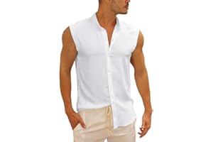 Bbalizko Mens Sleeveless Button Down Shirts Linen Cotton Summer Beach Basic Tank T-Shirt Tops