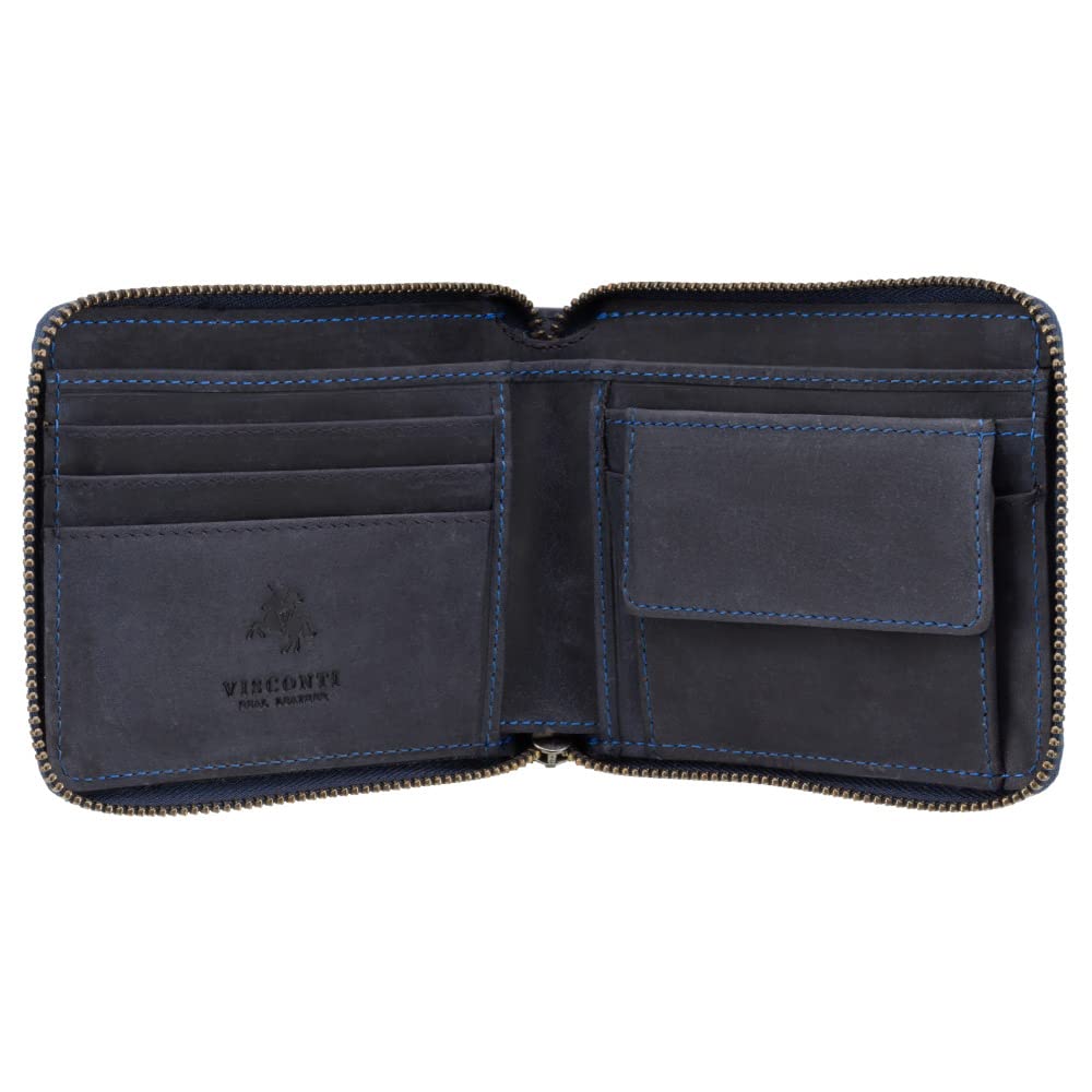 VISCONTI RFID Zip Around Distressed Oil Leather Wallet -702 (Oil Blue)