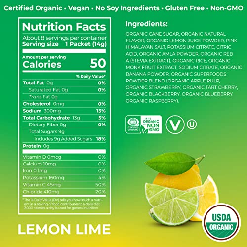 ORGAIN ORGANIC HYDRATION PACKETS, ELECTROLYTES POWDER – LEMON LIME HYDRO BOOST WITH SUPERFOODS, VEGAN, GLUTEN-FREE, NO SOY INGREDIENTS, NON-GMO, LESS SUGAR THAN SPORTS DRINKS, 8 COUNT