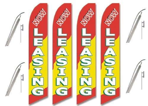 Four Full Sleeve Swooper Flags w/ Poles & Spikes NOW LEASING Red Yellow White Green