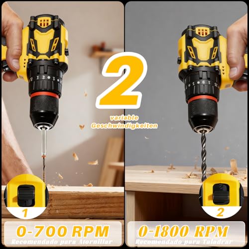 Brushless Drill Driver Battery, 21 V Percussion Drill, 70 Nm Max with 2 Batteries 2.0 Ah, 25 + 3 Pairs, 2 Speeds, LED Light, Electric Screwdriver for Screwing and Drilling Wood, Plastic and Metal