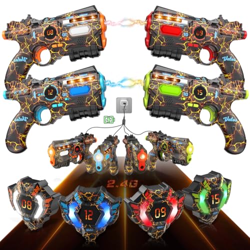 VATOS Rechargeable Laser Tag 4 Players - 4 Guns and 4 Jacket Sensors Fully Synchronized with 2.4GHz Data - Toys and Birthday Ideas Laser Tag Gun for Kids