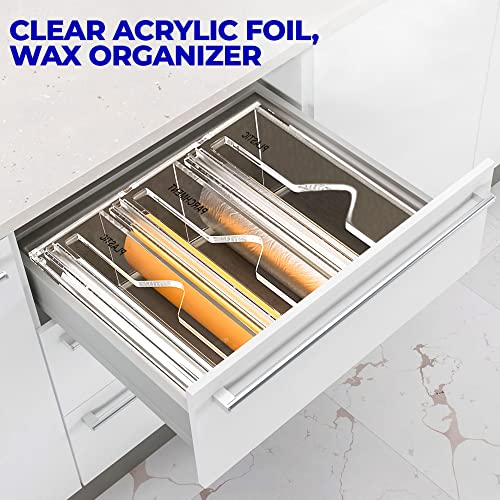 YOC Wrap Dispenser, Clear Acrylic Foil, Wax Organizer with Slide Cutter, Suitable for Wall Mounting or Kitchen Drawer, Compatible with 12 Inch Rolls (3 in 1 Wrap Dispenser)
