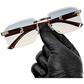 Street Knitted Square Gold Frame Rimless Cool Gray Tan Gradient Tint Unisex Sun Glasses Men's Women's Retro Hip Hop Grey Brown Woodgrain Rectangle Frameless Shades Sunglasses