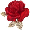 Enamel Rose Flower Brooch Pin for Women Girls Gold Plated Elegant Crystal Red Creative 3D Floral Dainty Dress Accessories Valentine Mother Birthday Jewelry