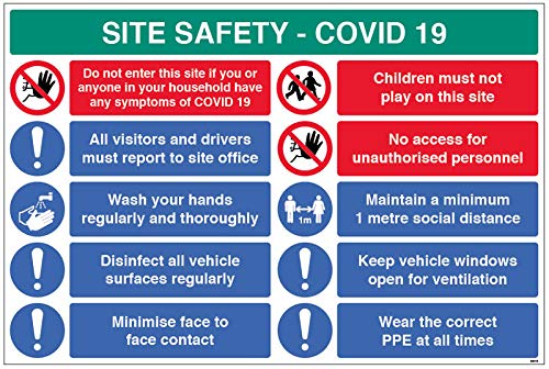 Site Safety COVID19 - report to office, wash hands, disinfect surfaces, 1m policy etc - 4mm fluted 900x600mm