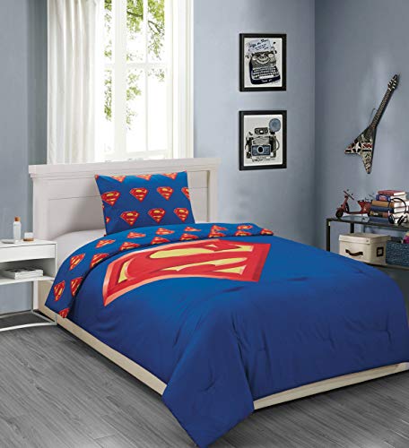 JPI Comforter Set Twin - Superman Shield - Twin Bed 86"x 68" Reversible Comforter with 1 Pillow Sham