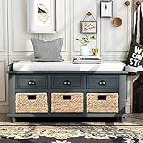Organizer Storage Bench with 3 Drawers, 3 Rattan