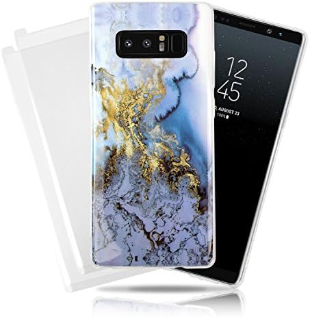 Stone Marbled Pattern Case, SkylerShield Samsung Galaxy Note 8 Soft Gel Case, Gold/Blue Marble Pattern TPU Full Protection Bumper Includes 2pk of Tempered Glass Bundle Case for Samsung Galaxy Note 8