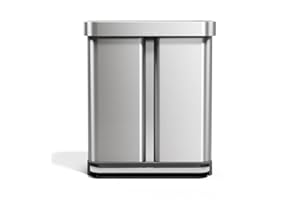 simplehuman 58 Liter / 15.3 Gallon Rectangular Dual Compartment Recycling Step, Brushed Stainless Steel with Soft-Close Plastic Lid Kitchen Trash Can