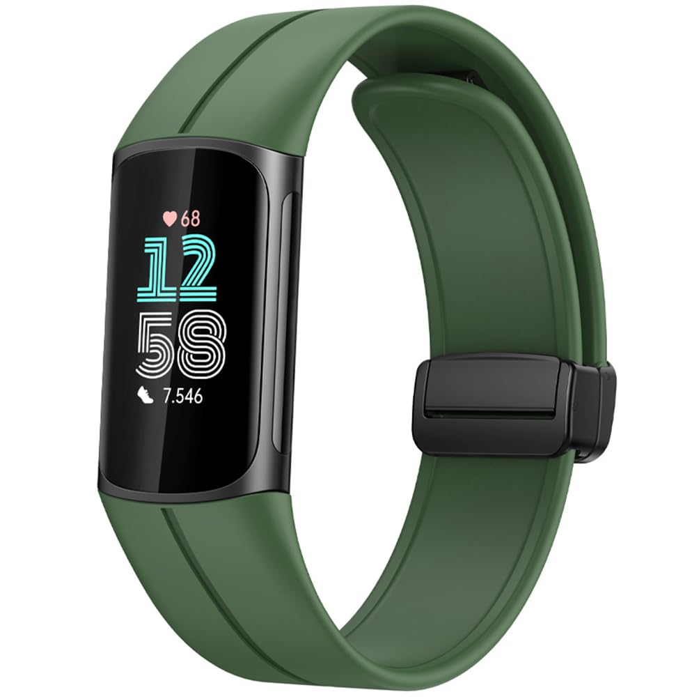 Miimall Magnetic Strap for Fitbit Charge 6 /Fitbit Charge 5 Strap, Soft Silicone Sport Strap for Women Men, Adjustable Replacement Band-Green