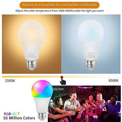Smart WiFi LED Light Bulb A19 800Lm, Color Changing, Dimmable, No Hub Required, iOS/Android Smartphone APP Remote Control Home Night lamp, Work with Alexa & Google Assistant (2 Pack)
