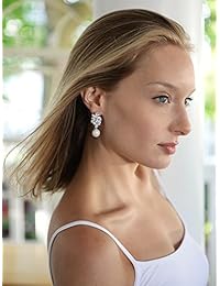 mariell Bold CZ Cluster boda nupcial arete con la luz Ivory Pearl gotas   Genuine Platinum Plated