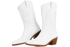 VIMISAOI Womens Cowboy Boots Comfortable Retro Pull On Pointed Toe Wide Calf Long Tall Block Chunky Heel Embroidered Boots