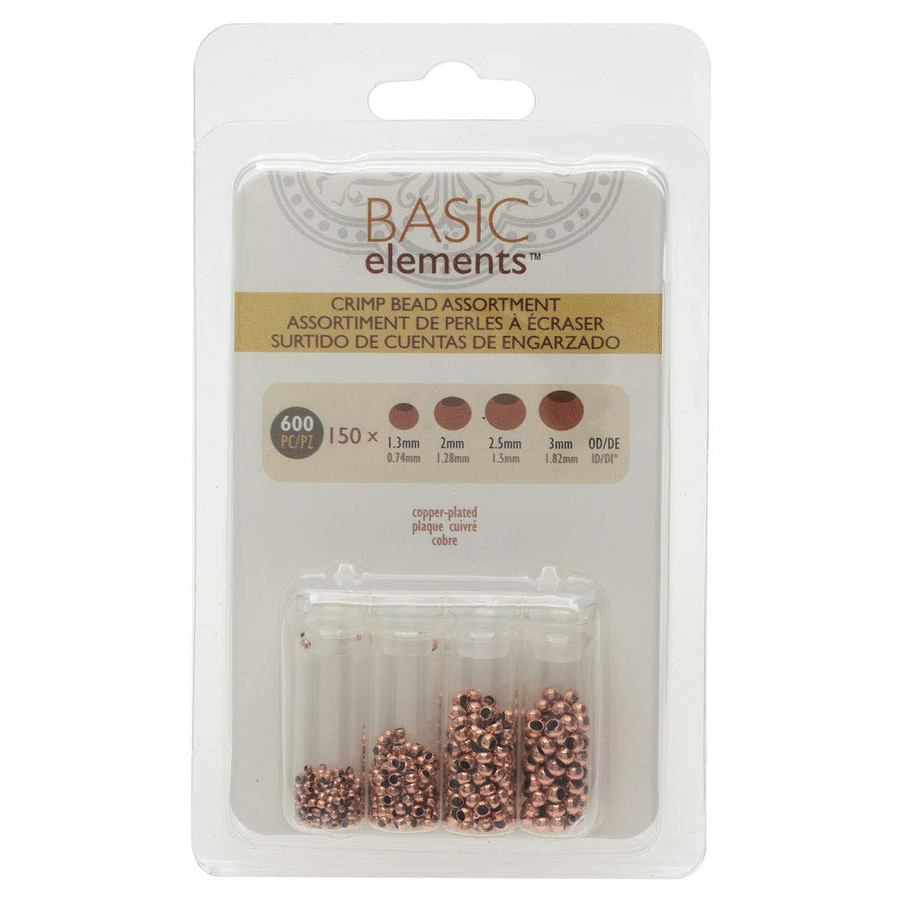 Basic Elements Crimp Beads, 4 Size Variety Pack, 600 Pieces, Copper Plated