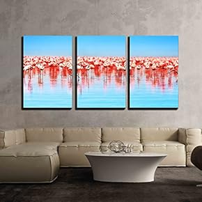 3 Piece Canvas Wall Art - Flamingo Birds in The Lake Nakuru, African Safari, Kenya - Modern Home Art Stretched and Framed Ready to Hang - 16"x24"x3 Panels